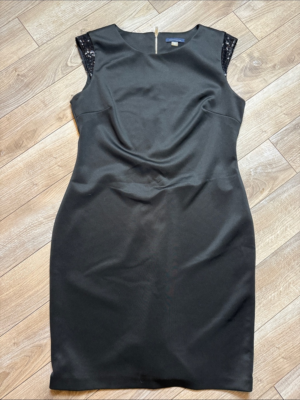 Tommy Hilfiger Black Sheath Dress with Sequin Cap Sleeves